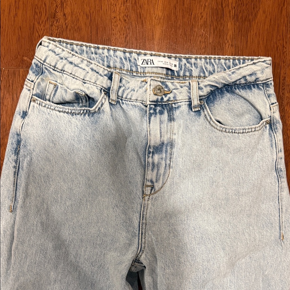 Zara Light Blue Flare Wide Leg Jeans with Distressed Details - Picture 2 of 5